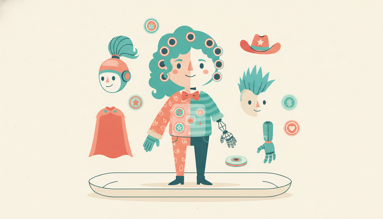 Editorial illustration of a half-built cartoon avatar on a tray of swappable hairstyles and personality chips