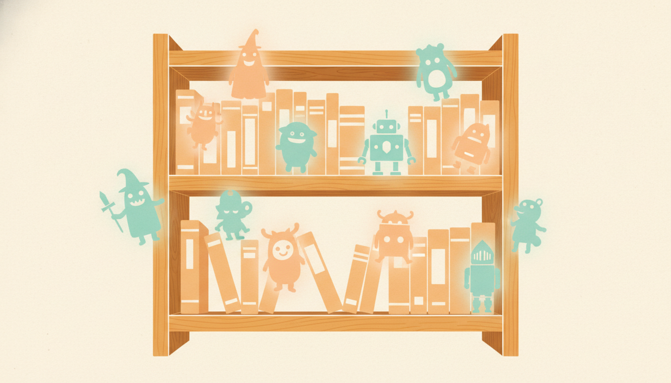Editorial illustration of a luminous character library with glowing silhouettes floating off the spines