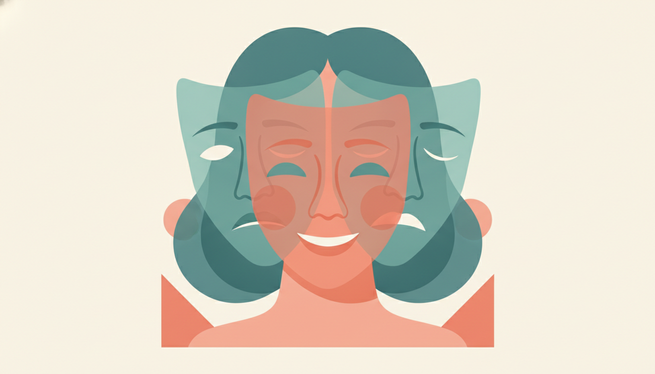 Editorial illustration of layered translucent personality masks overlaid on one face