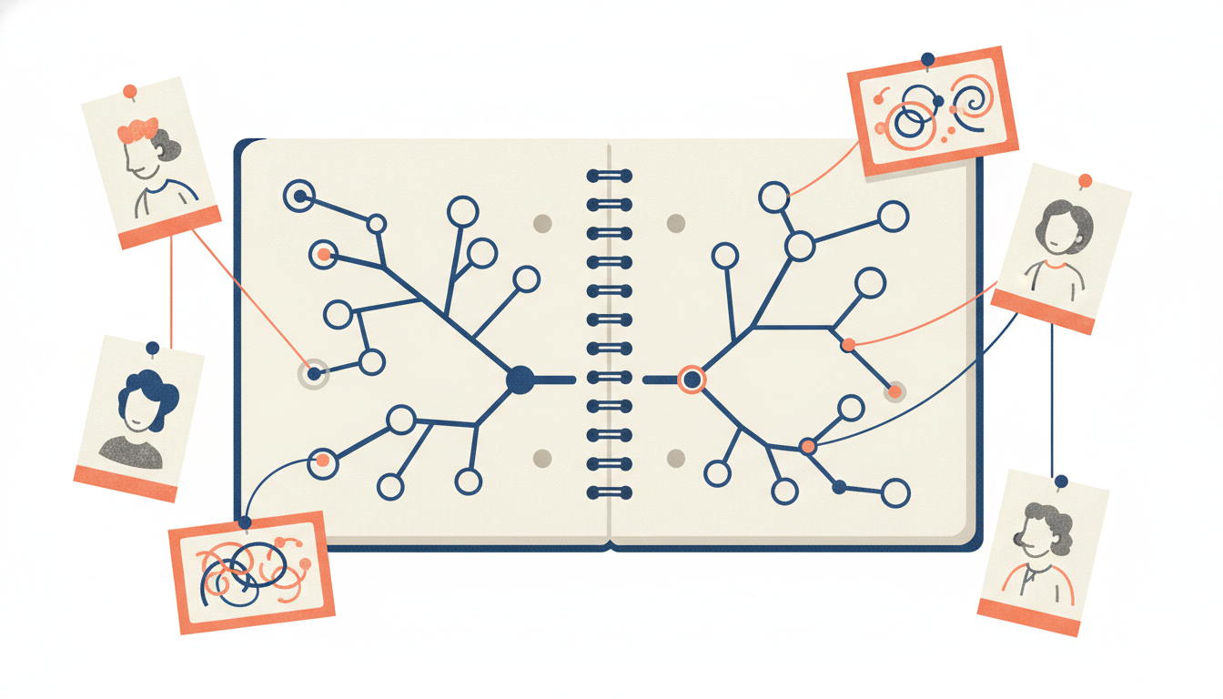 Editorial illustration of an open notebook with branching story arcs and memory cards pinned on a corkboard