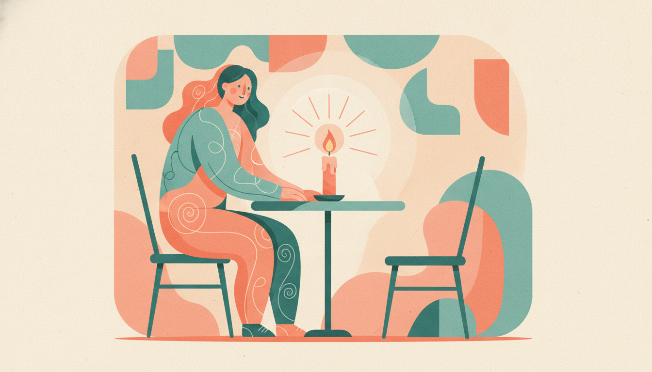 Editorial illustration of a single warm companion figure seated across a candle-lit cafe table