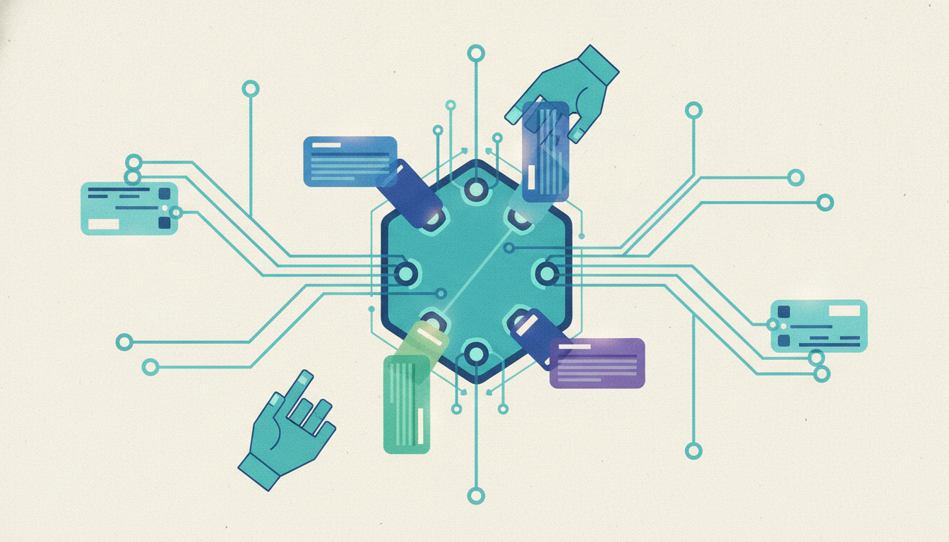 Editorial illustration of an open workbench with model cards being plugged into a central terminal