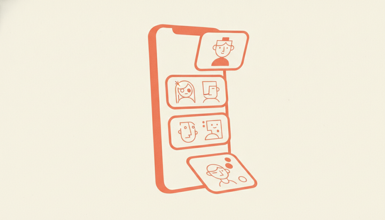 Editorial illustration of a vertical mobile phone showing a TikTok-style persona-card feed