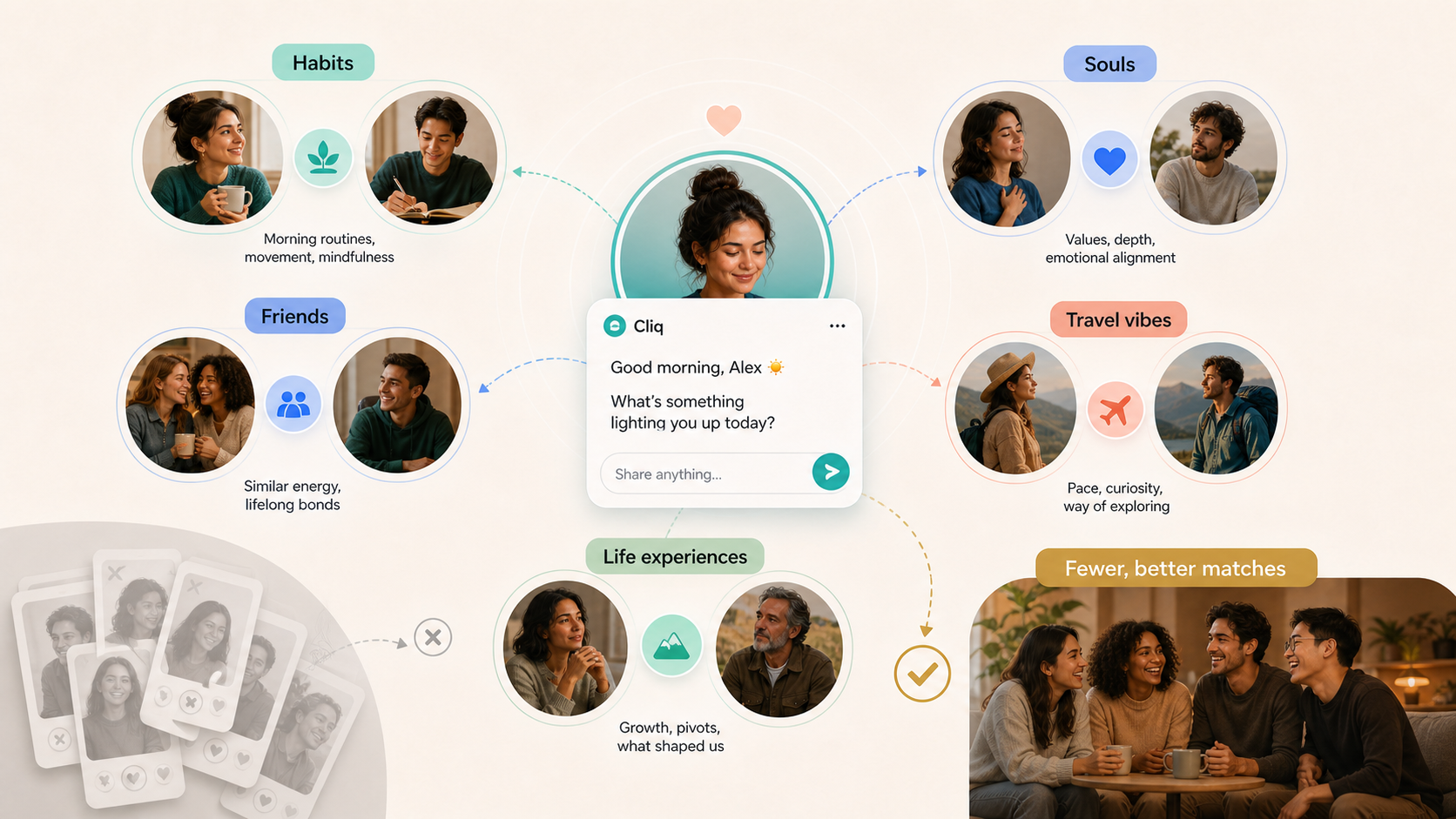 Nous connects people through habits, souls, friends, travel vibes, life experiences, and fewer better matches