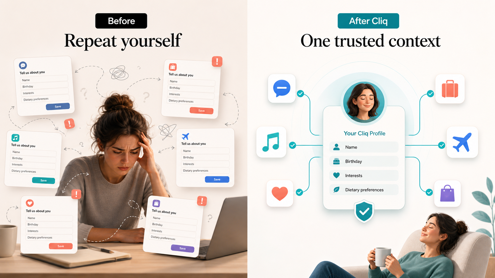 Before Nous, users repeat themselves across apps; after Nous, one trusted context connects experiences